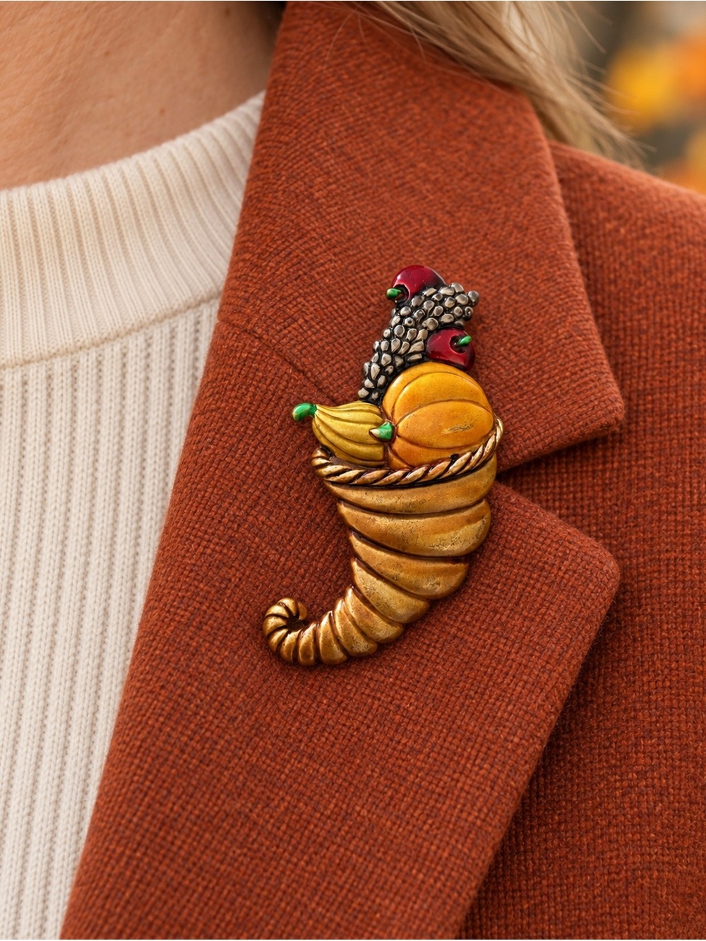 Vintage Tona Cornucopia Brooch Enamel Fruit Pumpkin Horn of Plenty 3.5”